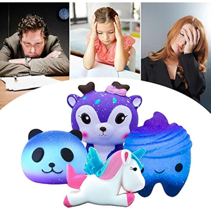 Squishies Toys, hirsrian Slow Rising Squishy Toys Galaxy Jumbo Squishies Scented Stress Relief Squeeze Pack Include Deer Tooth Panda Unicorn for Kids Adults
