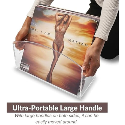 Meicloud Acrylic Vinyl Record Holder - Modern Vinyl Record Storage Box, LP Record Display Stand, Clear Lucite Record Case with Handles, Holds Up to 30-45 Records