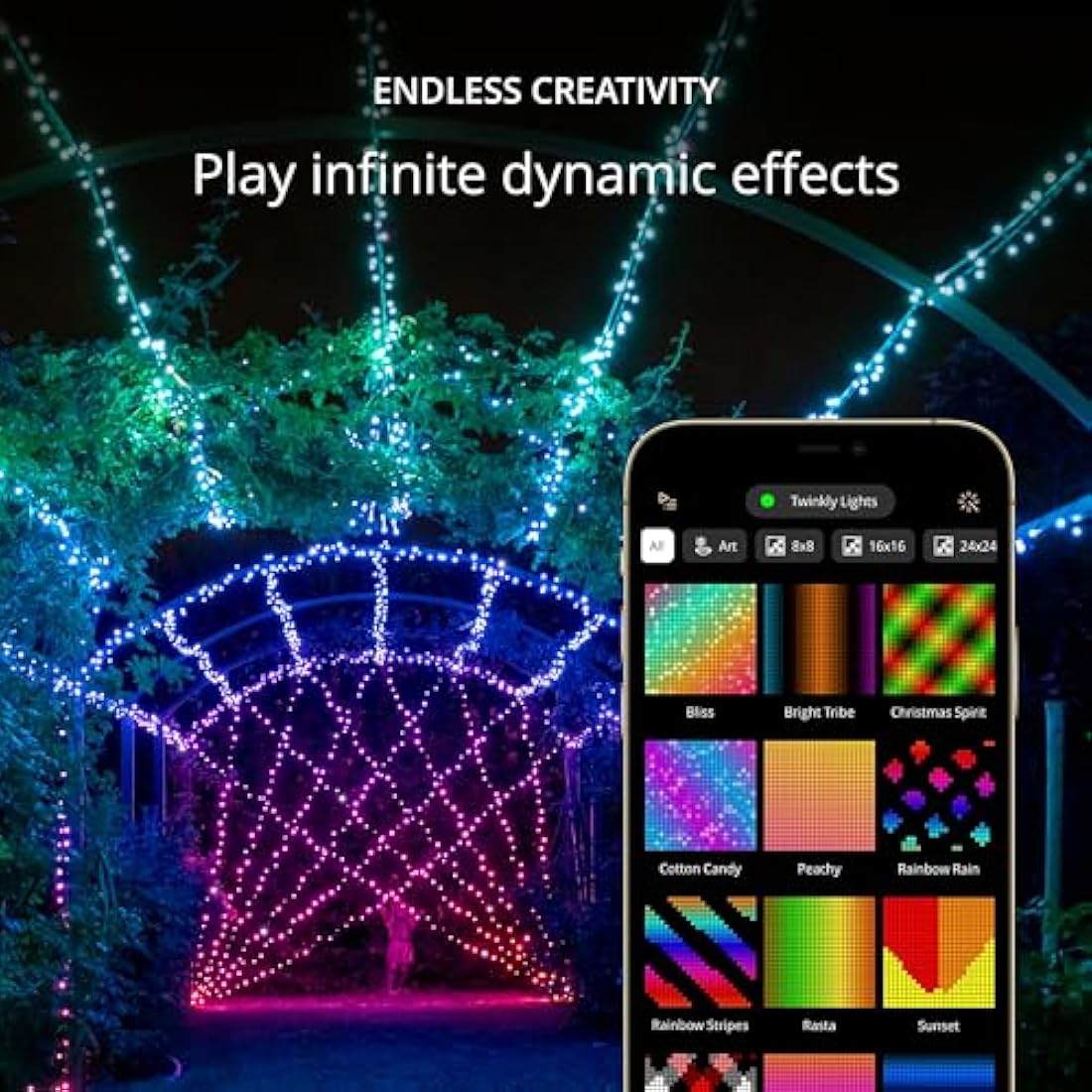 Twinkly Strings 100 LED RGB, LED Light String for in- and Outdoor, Christmas Lights, Smart LED Lights, Mappable LEDs, Compatible with Alexa and Google Home, IP44, Controlled by App, Black Wire, 8m
