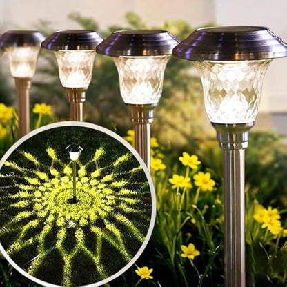 BEAU JARDIN 8 Pack Metal Garden Solar Lights Outdoor Waterproof 900mAh LED Solar Stake Lights Weatherproof Glass Lens Stainless Steel Pathway Lighting Sun Powered Landscape Lawn [Energy Class A]
