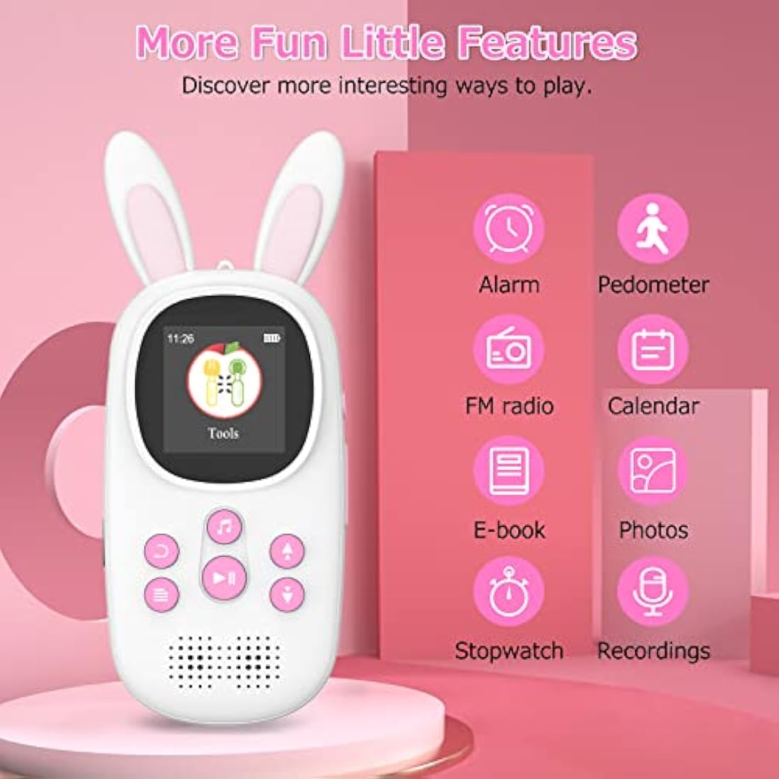 Cute Bunny Kids Music MP3 Player with Bluetooth, MP4 Player with Speaker, FM Radio, Alarm, Pedometer, Stopwatch, Supports up to 128GB