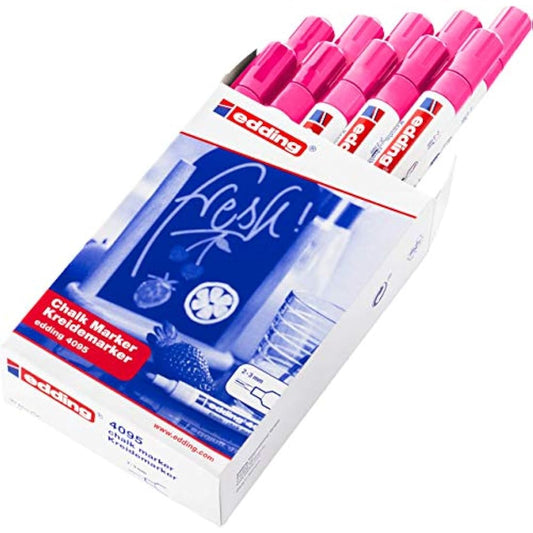 edding 4095 chalk marker - neon-pink - 10 chalk pens - round tip 2-3 mm - medium-tipped wet wipe pen for chalkboards, windows, glass, mirrors - liquid chalk marker pens for opaque coverage