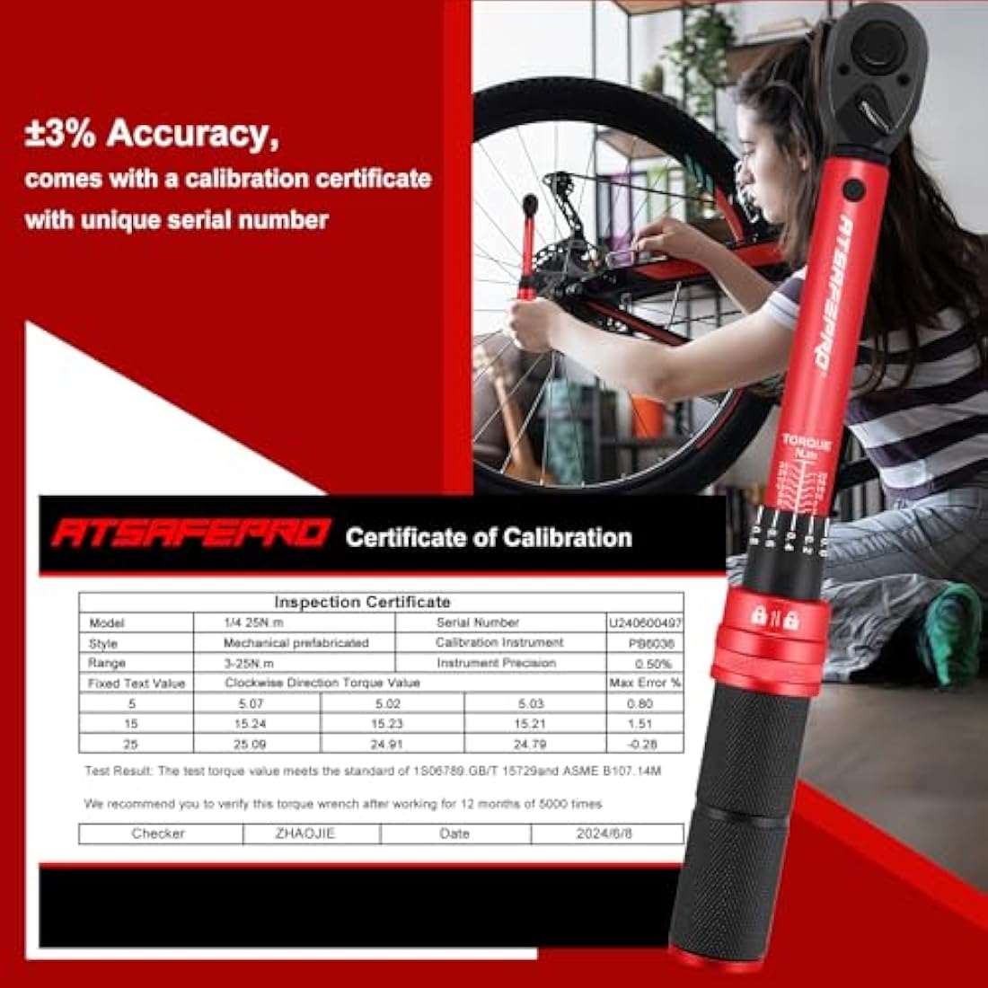 ATsafepro Torque Wrench 1/4",Bike Torque Wrench 3-25Nm Drive Click High Precision Repair Spanner for Bicycle Maintenance Kit for Road and Mountain Bikes Two-Way Ratchet