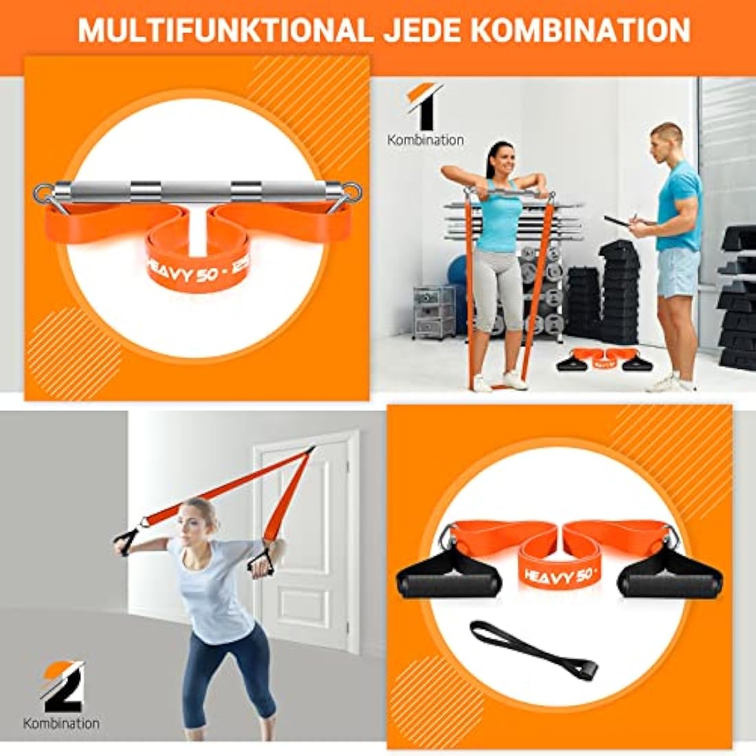 DASKING Resistance Bands Set with 98cm Detachable Exercise Bar, 4 Different Level Pull Up Bands - Fitness Workout Bars Kit for Strength Training, Pilates, Yoga - Home Gym Sports System Equipment