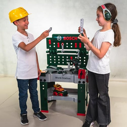 Theo Klein 8485 Bosch Workbench No. 1 I 150 Parts I Includes Cordless Screwdriver, Construction Set, Sander and Much More | Battery-Powered Cordless Screwdriver with Light and Realistic Sounds