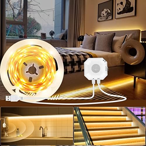 Daymeet Motion Sensor LED Strip Lights, 3M Under Bed Lights Motion Activated Bedside Lamp Illumination Cupboard Kitchen Lighting Indoor Night Light Under Cabinet Light,(Warm White) NO APP