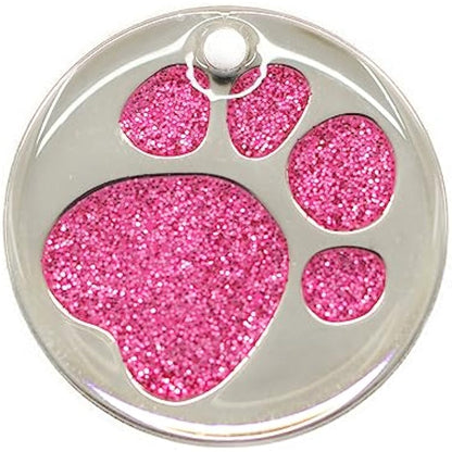 Personalised Engraved 25, 32 & 36mm Glitter Paw Print Pet Tag. Bold Contrasting Text. Small, Large & Very Large CAT/Dog ID Tags (Light Pink, 25mm (Cats & Small Dogs))