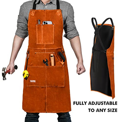 Leather Welding Work Apron - Heat Resistant & Flame Resistant Bib Apron, Flame Retardant Heavy Duty BBQ, Adjustable One Size Fit Most