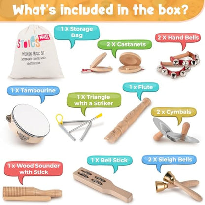 Stoie's Wooden Kids Musical Instruments for 1-9 years old, with Drum, Flute, Hand Bells, Cymbals, Castanets, Triangle, for Babies and Toddlers, Durable, Safe, Montessori Educational Toy, Storage Bag