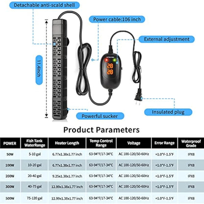HiTauing Aquarium Heater, 50W/100W/300W/500W Submersible Fish Tank Heater with Over-Temperature Protection and Automatic Power-Off When Leaving Water for Saltwater and Freshwater