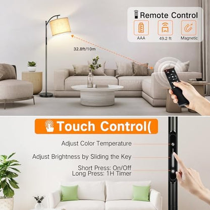 OUTON Dimmable Floor Lamp with Touch Control & Remote & App Control, 3000K-6000K Adjustable Color Temperatures, LED Tall Standing Lamp with Beige Lampshade for Living Room, Bedroom, Office, Black
