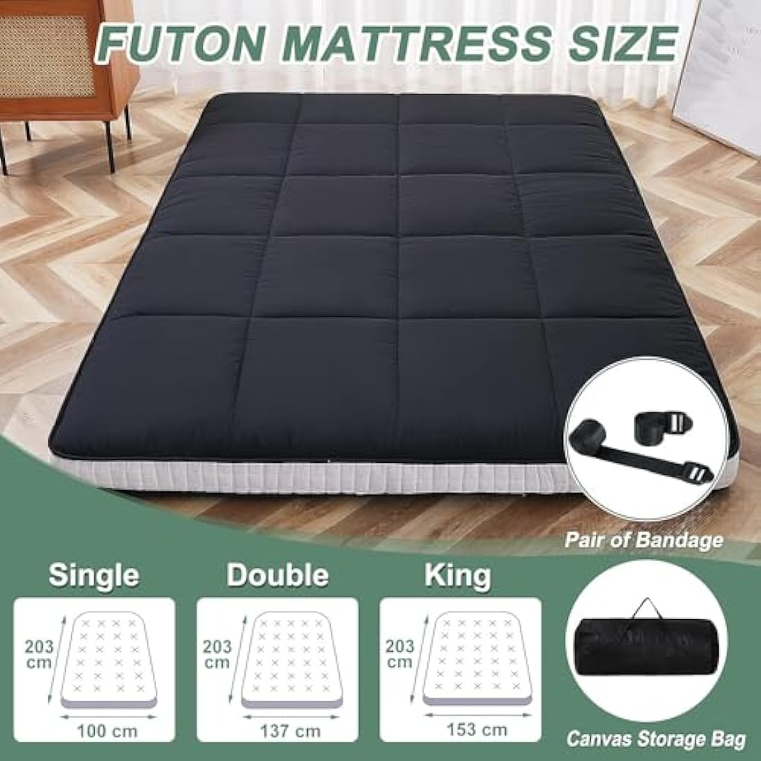 ZIKEBTUY Floor Mattress Japanese Futon Double Mattress Topper - 10cm Thick Foldable Tatami Mat Sleeping Bed Pad for Guests, Dormitories, Camping, Sofas & Loungers - Black, 203 * 137 * 10CM