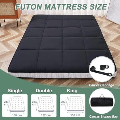 ZIKEBTUY Floor Mattress Japanese Futon Double Mattress Topper - 10cm Thick Foldable Tatami Mat Sleeping Bed Pad for Guests, Dormitories, Camping, Sofas & Loungers - Black, 203 * 137 * 10CM