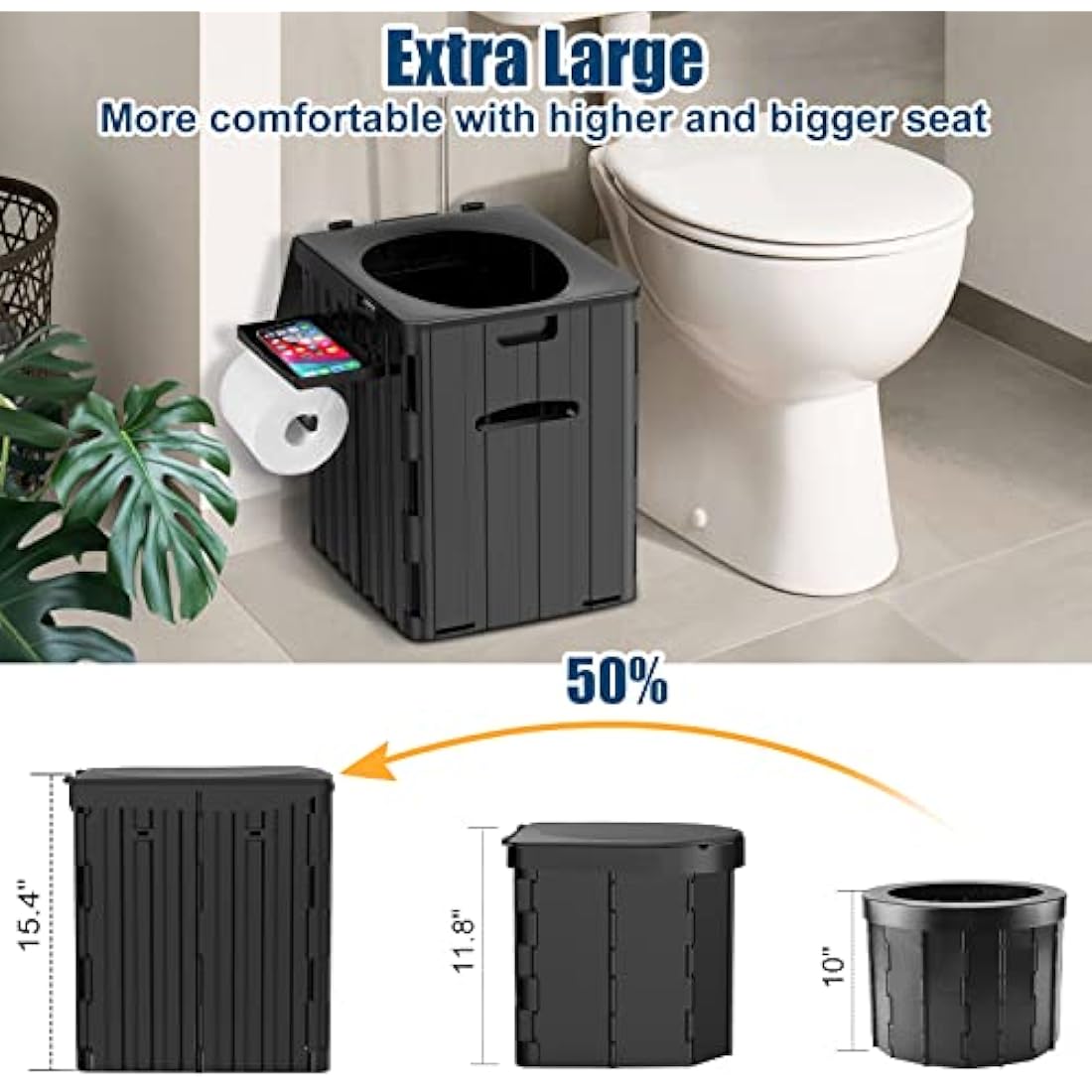 XL Portable Toilet for Adults, Extra Large 15.4" H Foldable Camping with Detachable Phone Shelf and Paper Holder, Waterproof Porta Potty Lid Camping, Hiking, Long Road Trips, Car