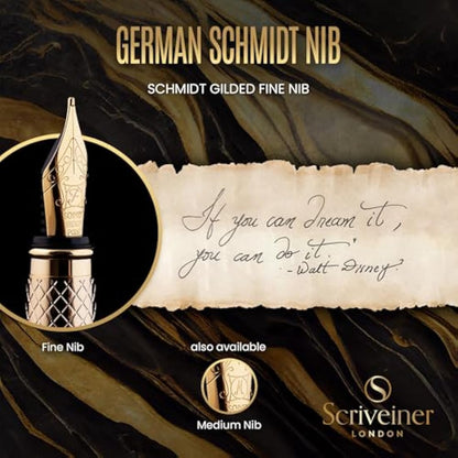 Scriveiner Luxury Fountain Pen - Stunning Gold Pen, Real Gold Plating, Schmidt Gilded Nib (Fine), Converter, Best Pen Gift Set for Men & Women, Professional, Executive, Office, Nice Pens