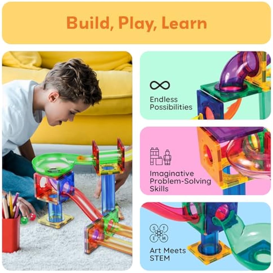 PicassoTiles Magnetic Marble Run Marbles for Kids Race Track Toy Set Marble Maze Sensory Toys for Toddlers STEM Educational Magnet Building Blocks Construction Building Tiles Boys Girls 3+