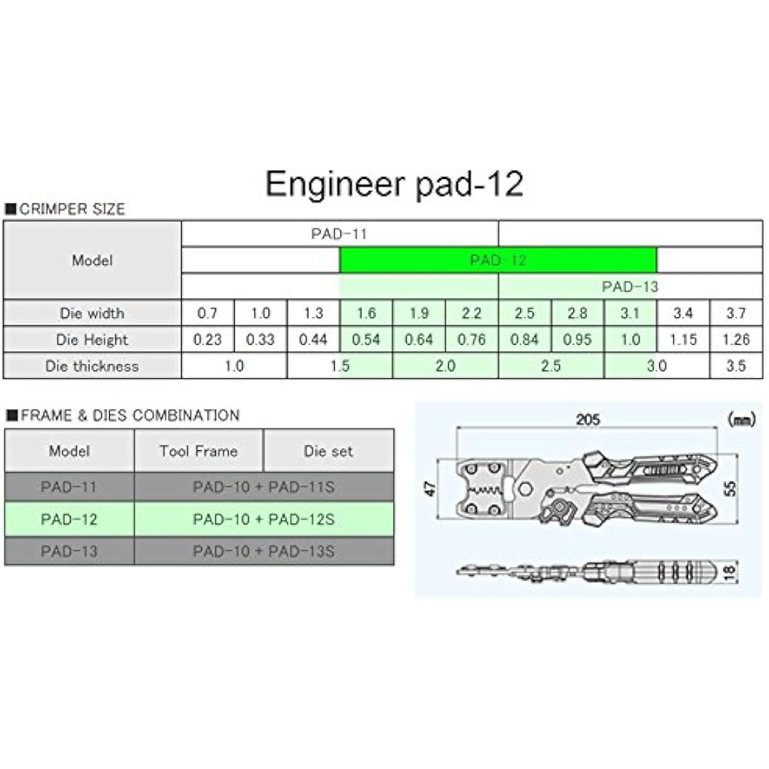 Precision Universal Crimping Tool with Inter-Changeable die Plates (Size M) Handy Crimp Tool. Made in Japan. ENGINEER pad-12