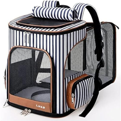 Lekesky Expandable Cat Carrier Backpack - Portable Breathable Rucksack for Medium and Small Cats & Dogs, Foldable with Inner Escape-proof Leash and Pet Mat, Supports 25 lbs (Striped)