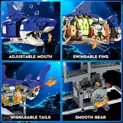 INSOON Shark Building Set with Swingable Body & Light, 687 PCS Sea Animal Building Block Toy with Display Stand, Home Decor Collection Brick Kit for Adults, Creative Gift Idea for Kids Boys Ages 12+