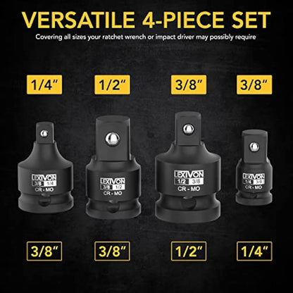 LEXIVON Impact Socket Adapter Combo Kit, 7-Piece Increaser, Reducer & Extension Set | 1/4"-3/8"-1/2" Impact Driver Conversions, Active Rust Protection by Black-Phosphate Coating Treatment (LX-109)