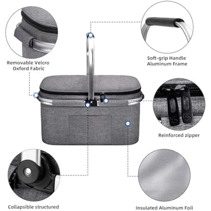 ALLCAMP Cool Bag - Insulated Shopping Basket with Lid, Ice Box Cooler,Removable Picnic Basket for 4 People, Thick Thermal Basket with Aluminum Frame (Large Gray)