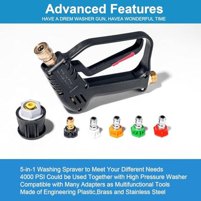 YUET High Pressure Washer Gun Handle with 5 Water Nozzle Tip,Water Wash Cleaner for Car Cleaning Kit(M22 14MM Fitting Hose Connector & 1/4" Bosch Nilfisk Quick Connector) Power Wand 4350 PSI
