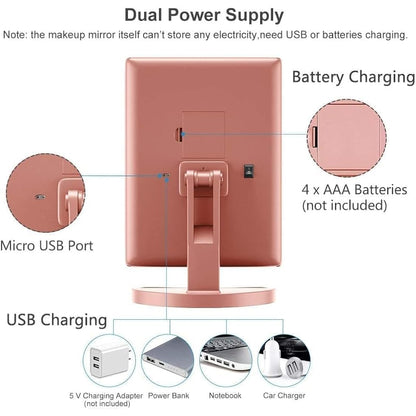 WEILY Tri-fold Vanity Mirror, 21 LEDs and 2X/3X Magnification, Touch Switch for Adjusting Brightness, Dual Power Supply mode Makeup Mirror (Rose Gold)