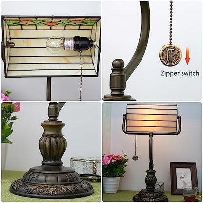 Blivuself Tiffany Style Heart Bankers Table Lamp Stained Glass Vintage Bedroom Bedside Study Pull Chain Reading Desk Lamps Office Nightstand Aesthetic Antique Green Banker'S Lamp Work Light Desklamp