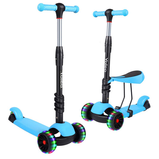 YOLEO Kids Three Wheel Kick Scooter with Removable Seat, LED Flashing Wheels, Height Adjustable, 3-in-1 Lightweight Children's Scooter Boys and Girls