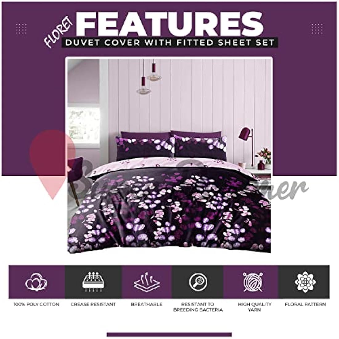 Super Dreamer Super Soft Double Bed Set Duvet Cover With Fitted Sheets & Pillowcases Botanical Bedding Set Reversible Quilt Covers, Purple, 714880
