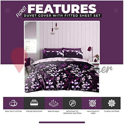 Super Dreamer Super Soft Double Bed Set Duvet Cover With Fitted Sheets & Pillowcases Botanical Bedding Set Reversible Quilt Covers, Purple, 714880