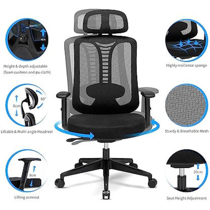 Magic Life Ergonomic Office Chair, Adjustable Home Desk Chair,Adjustable Lumbar Support with Thickened Cushion,3D Headrest & Comfortable Armrest Computer Chair