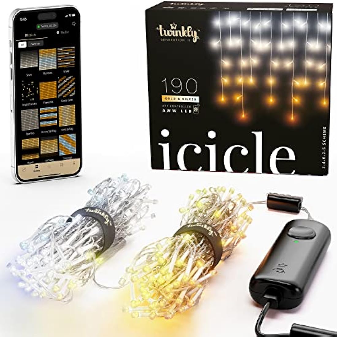 Twinkly Icicle 190 LED White, Outdoor and Indoor LED Cascade Lights, Smart Warm and Cool White LED Lights, Compatible with Alexa, Google Home, IP44, App Control, Transparent Wire, 5.5m