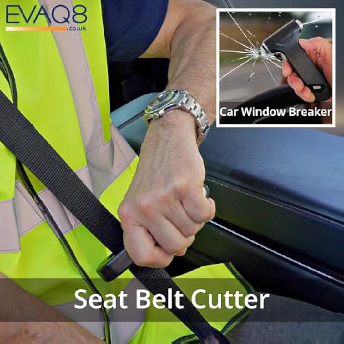 EVAQ8 Advanced Car Safety Kit with Extinguisher and Torch UK Standard Parts Includes Warning Triangle, First aid kit, Emergency Blanket, Safety Hammer, Torch, high Visibility Vest, Carry Bag