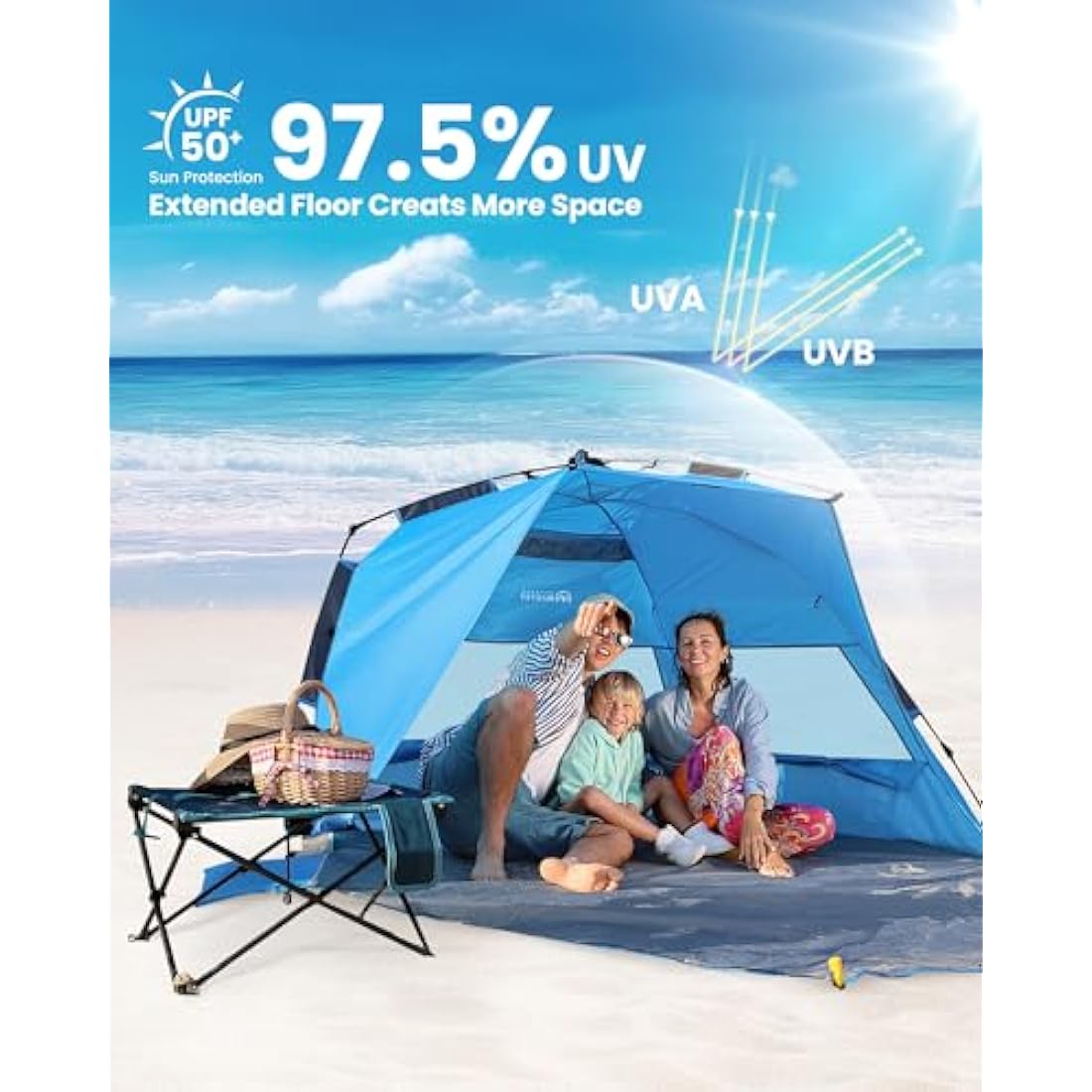 OutdoorMaster Pop Up 3-4 Person Beach Tent X-Large - Easy Setup, Portable Beach Shade Canopy Folding Sun Shelter with UPF 50+ UV Protection Removable Skylight Family Size