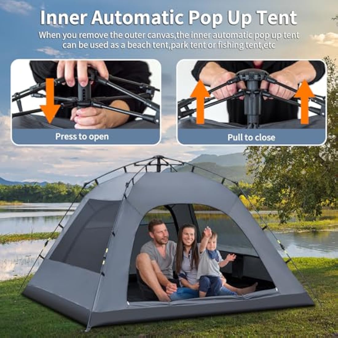 Yafaca Camping Tent, 3 Man Pop Up Tent Extra Large Waterproof Automatic Dome Tent with 2 Rainproof Windows, 2 Layers Family Festival Tent with Removable Outer Layer, Tent for Camping Picnic Garden