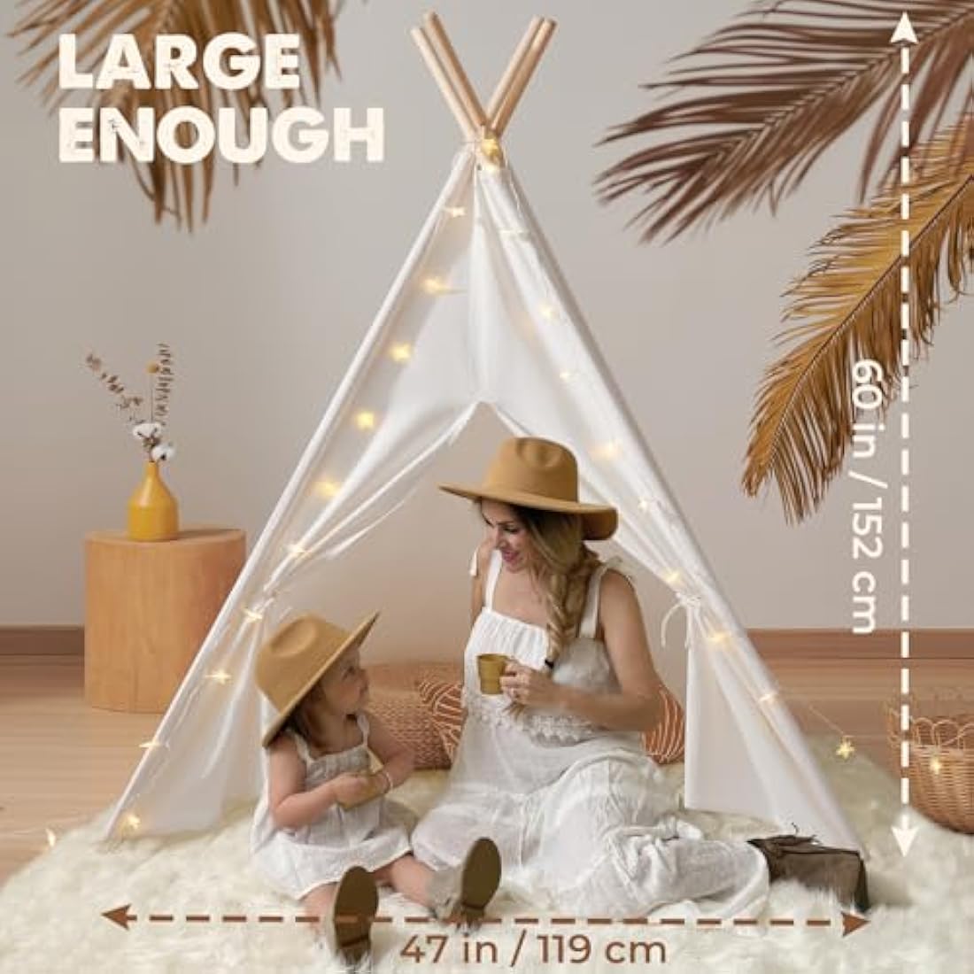 Tiny Land Kids Teepee Tent with Padded Mat & Light String& Carry Case- Kids Foldable Play Tent for Indoor Outdoor, Raw White Canvas Teepee - Kids Playhouse - Portable Kids Tent,Off-White 1.6m