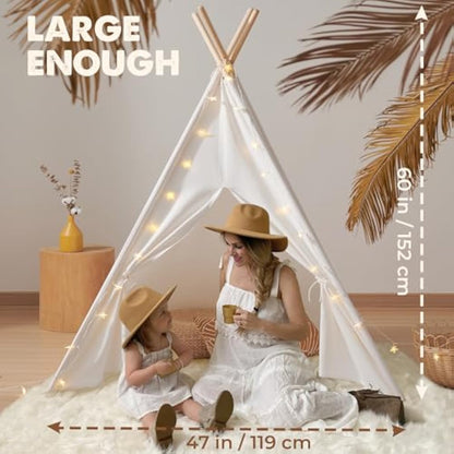 Tiny Land Kids Teepee Tent with Padded Mat & Light String& Carry Case- Kids Foldable Play Tent for Indoor Outdoor, Raw White Canvas Teepee - Kids Playhouse - Portable Kids Tent,Off-White 1.6m