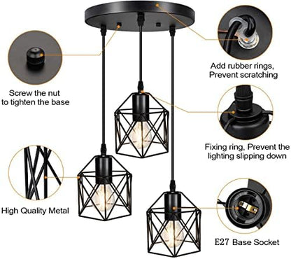 Vintage 3-Lights Ceiling Lamp Adjustable Hanging Pendant Lights Industrial Flush Mount Ceiling Lighting Fixture E27 Base Black Geometric Ceiling Hanging Lamp for Kitchen Dinning Room Hallway