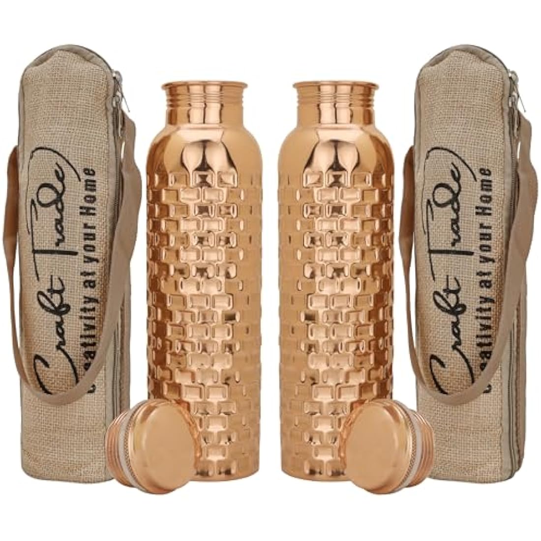 Craft Trade Set of 2 Diamond Pure Copper Bottle with Lid and Carry Bag for Drinking Water BPA Free Leak Proof Boosts Immunity & Liver Health, Ayurveda Inspired 34oz - 1 Litre Natural