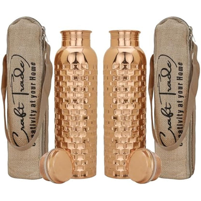 Craft Trade Set of 2 Diamond Pure Copper Bottle with Lid and Carry Bag for Drinking Water BPA Free Leak Proof Boosts Immunity & Liver Health, Ayurveda Inspired 34oz - 1 Litre Natural