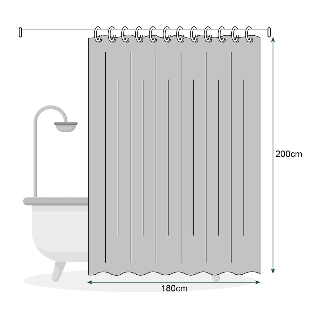 HAGOT Shower Curtain, Water and Mould Resistant Bathroom Curtain, EVA Fabric, Bath Curtain with Hooks, 180 x 200 cm