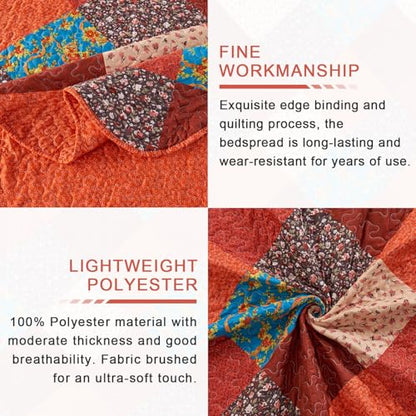 Qucover Quilted Bedspread Super King, Multicolour Print Red Orange Blue Patchwork Quilt with 2 Pillow Shams, All Seasons Lightweight Soft Microfiber