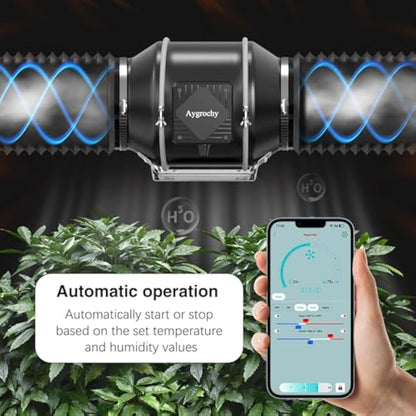 Aygrochy 6 inch wifi APP inline fan with Temperature and Humidity controller, Extractor Fan for Booster, Growth Tents, Ventilation and exhaust fan.