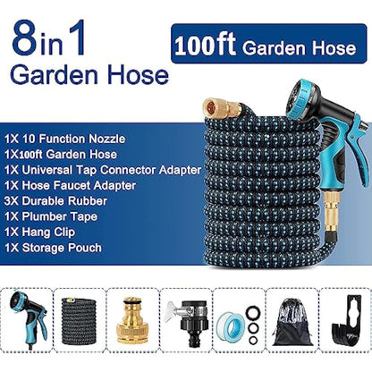 Garden Hose 100FT Garden Retractable Hose with 3/4", 1/2 Fitting and 16mm Universal Adapter Garden Hose with 10 Patterns of Water Spray Guns for Gardens Garden Watering Car Washing Pet Bathing etc.