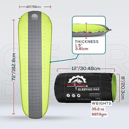 Gear Doctors - Self Inflating Sleeping Pad - 4.3 R Four Season Camping pad-1.5 Inch Thick Air Foam Hybrid- Perfect Size Mattress for Camping Backpacking Travel with Insulation for Cold Winters