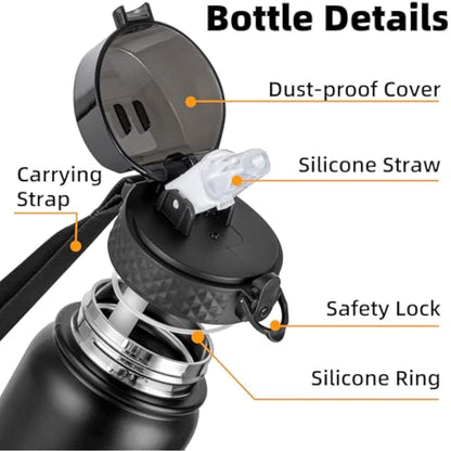 OLDLEY Stainless Steel Water Bottle with Straw 1L Vaccum Insulated Large Drink Flask Metal Water Bottles 1 Litre Leakproof Keep Drinks Hot Cold for Bike Sports Gym Adult Women Men(Black,1 Lid)