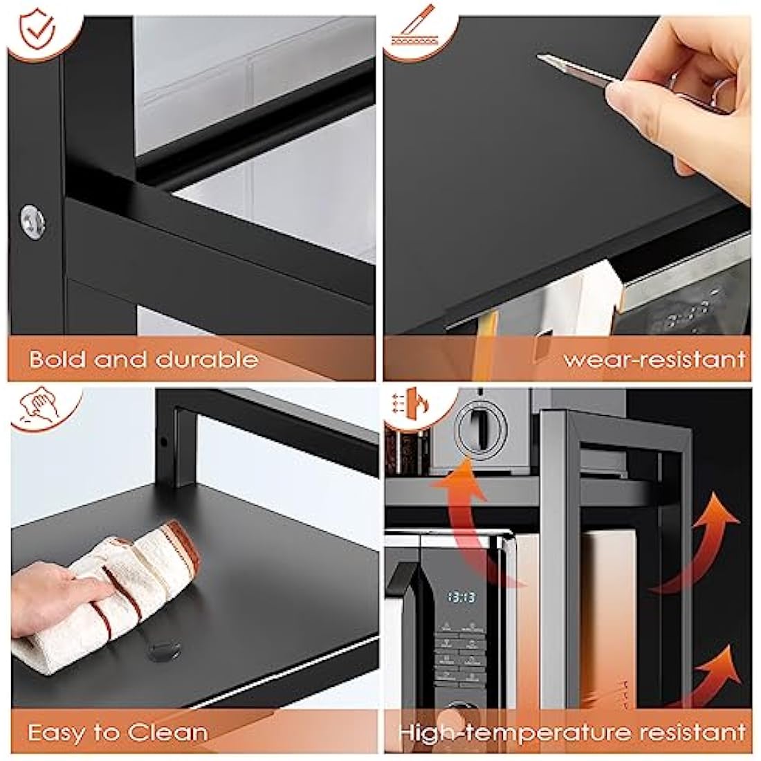 Haipky 3-Tier Expandable Microwave Oven Rack with 6 Hooks, Adjustable Metal Kitchen Shelf Stand for Countertop, Black Baker Rack Organizer