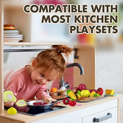 Beberolen Wooden Food Toys, Play Food Sets for Children Kitchen, Toy Kitchen Accessories for Kids, Wooden Cutting Fruit and Vegetables Toys, Pretend Role-Play Toy for Boys and Girls 2 3 4 5 Year Olds