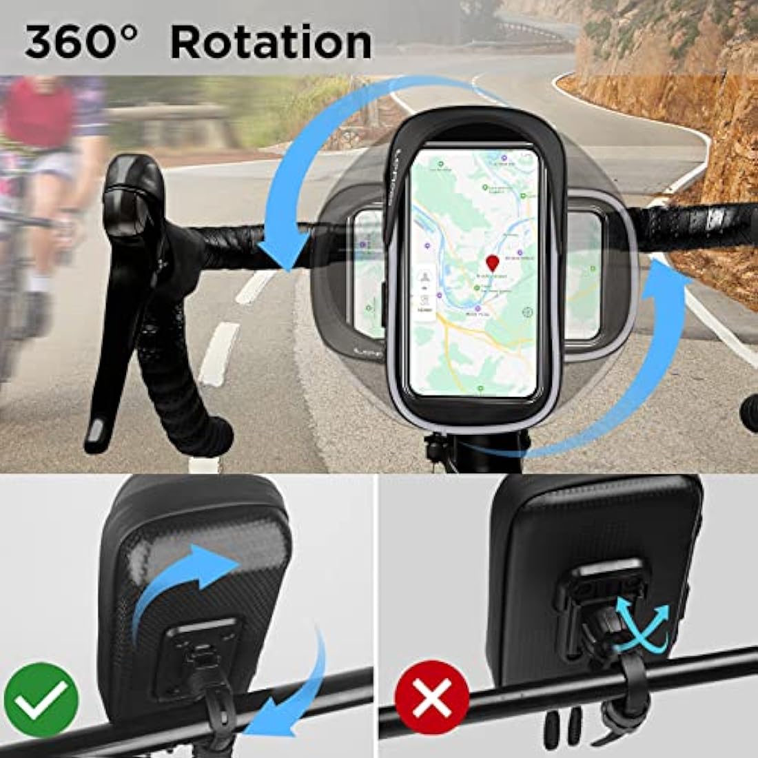 LEMEGO Bike Phone Holder Waterproof, Motorbike Phone Holder 360-Degree Rotatable, Bicycle Handlebar Bag, Bike Phone Mount for iPhone 14/14Pro Max/13/12/11/X/8 Samsung LG Sony Smartphones up to 7''